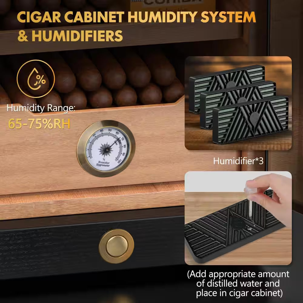 11 In. X 9.72 In. X 15.8 In. Black Desktop Cigar Humidor Cabinet Light Control System, with Spanish Cedar Wood Shelves