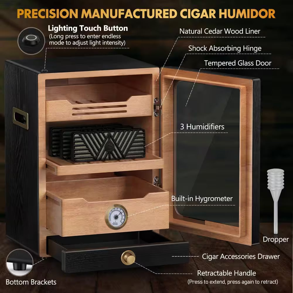 11 In. X 9.72 In. X 15.8 In. Black Desktop Cigar Humidor Cabinet Light Control System, with Spanish Cedar Wood Shelves